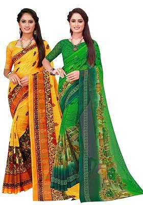 Green Embroidered Georgette Saree Set (Set Of 2)