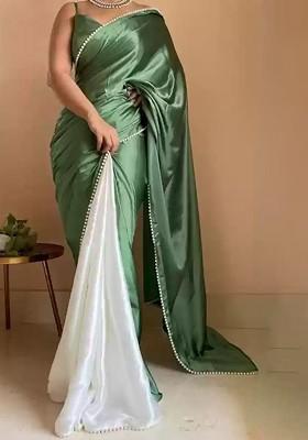 Green Embroidered Satin Saree Set