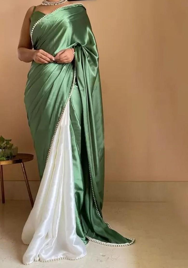 Green Embroidered Satin Saree Set