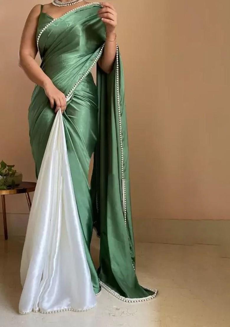 Green Embroidered Satin Saree Set