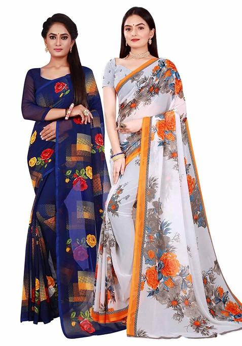 White Floral Georgette Saree Set