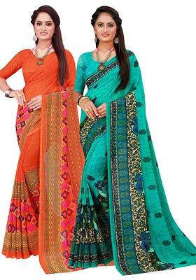 Orange Embroidered Poly Blend Saree Set
