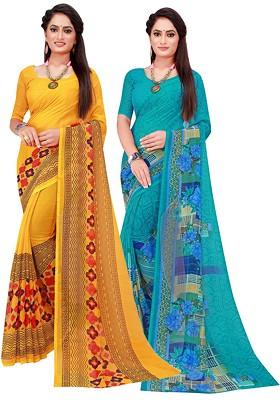 Turquoise Blue Printed Georgette Saree Set (Set Of 2)