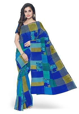 Blue Printed Georgette Saree Set