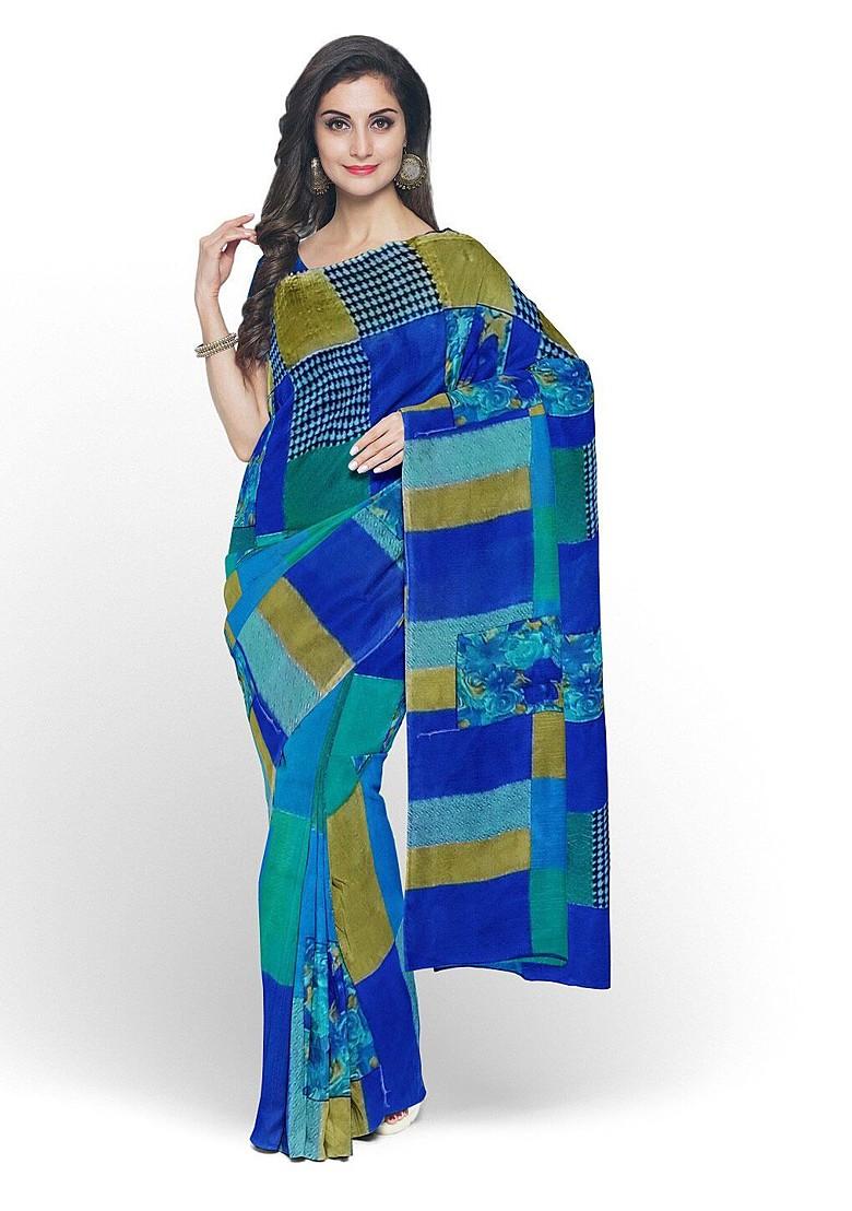 Blue Printed Georgette Saree Set