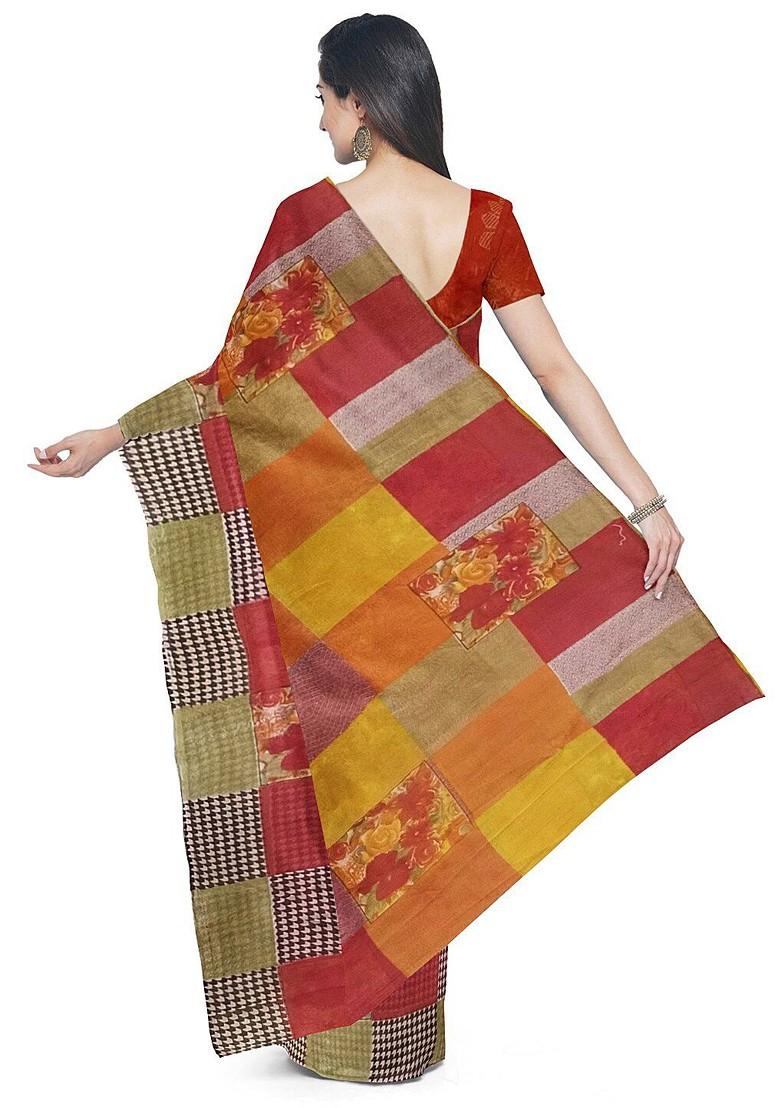 Red Printed Georgette Saree Set