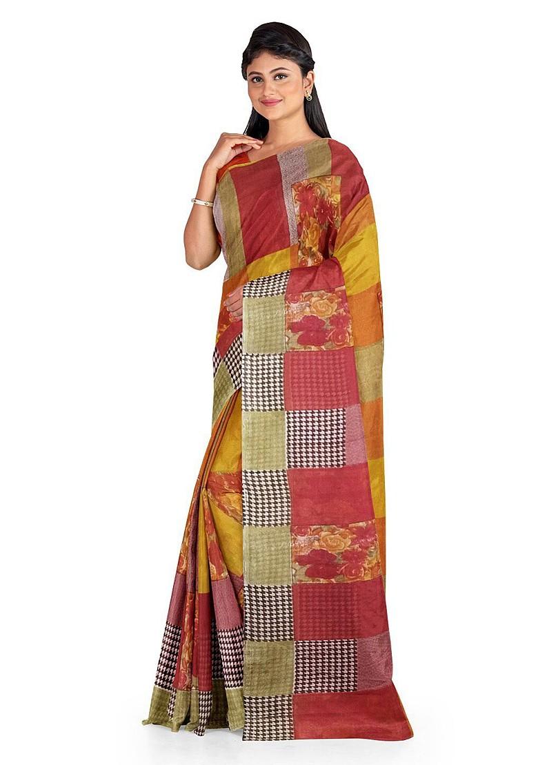 Red Printed Georgette Saree Set