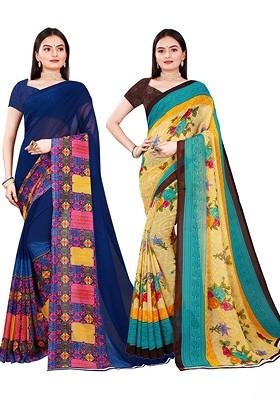 Beige Embroidered Georgette Saree Set (Set Of 2)