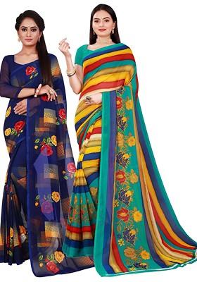 Navy Blue Floral Georgette Saree Set