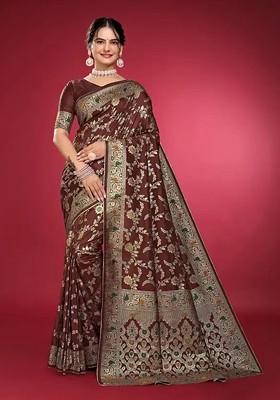 Brown woven Silk Saree Set