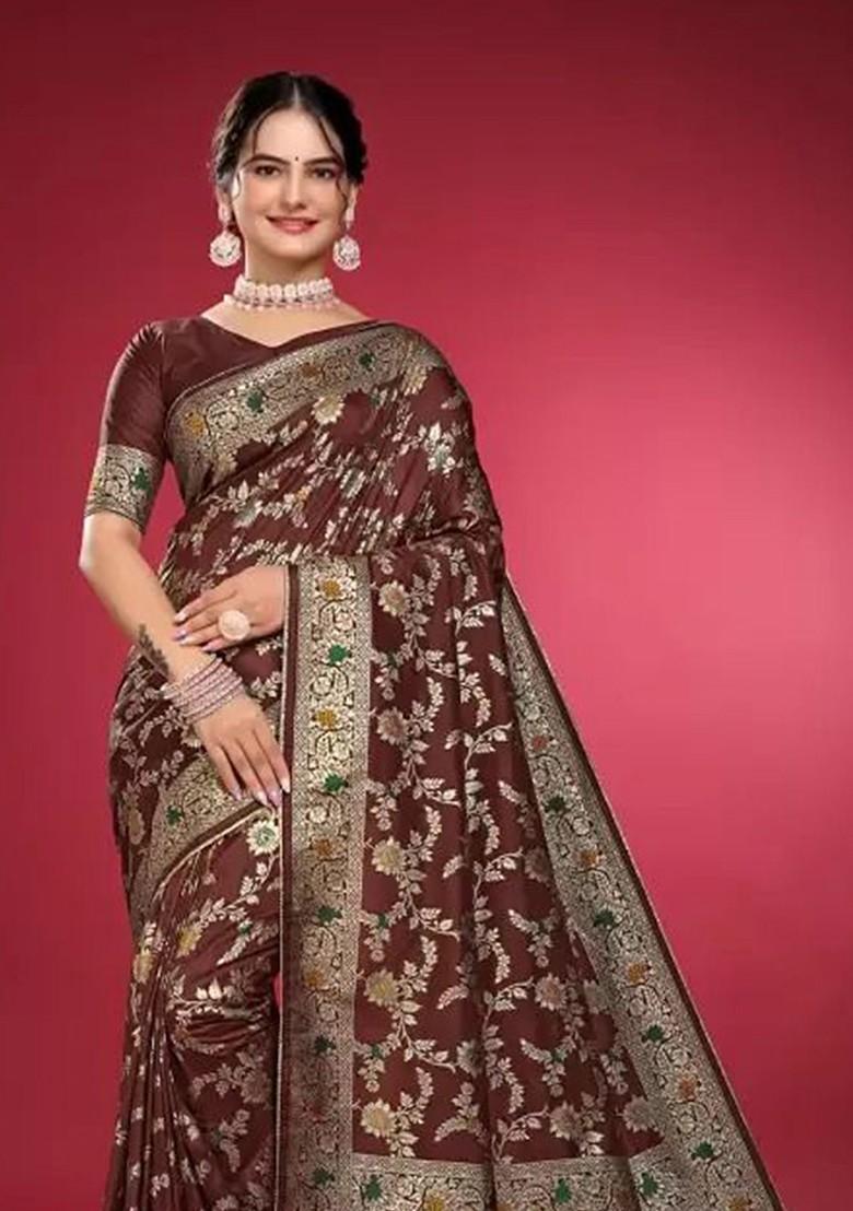 Brown woven Silk Saree Set