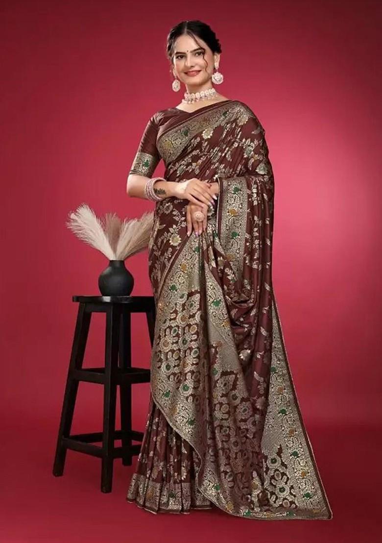 Brown woven Silk Saree Set