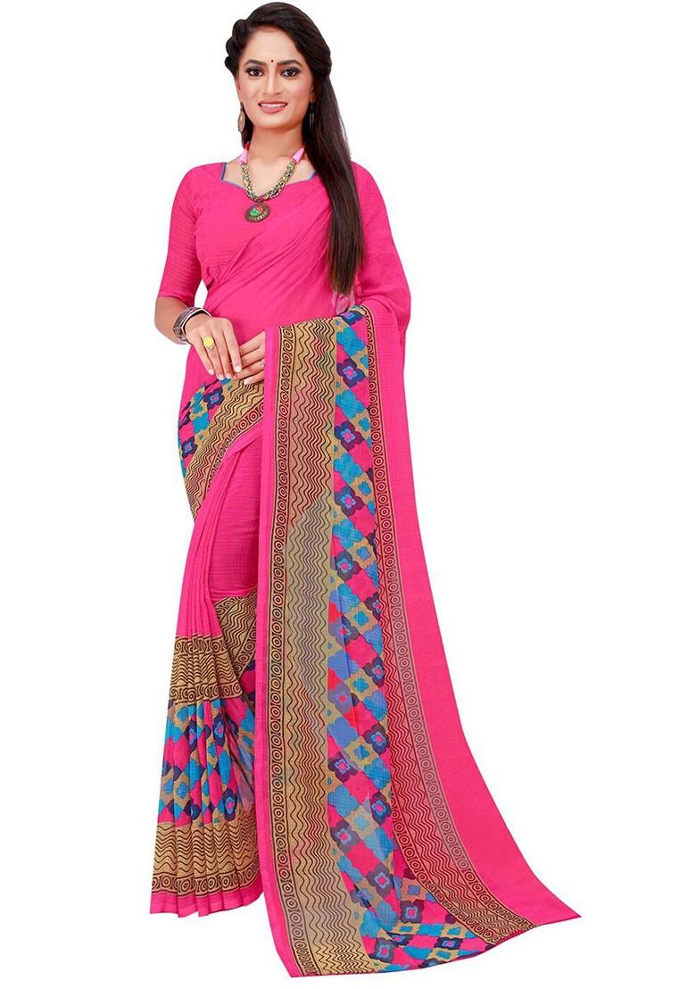Magenta Embroidered Poly Blend Saree Set