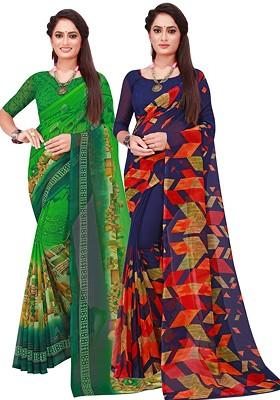Green Embroidered Georgette Saree Set (Set Of 2)