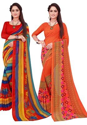 Orange Floral Georgette Saree Set (Set Of 2)