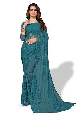 Green Floral Poly Blend Saree Set