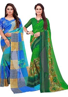 Green Embroidered Georgette Saree Set (Set Of 2)