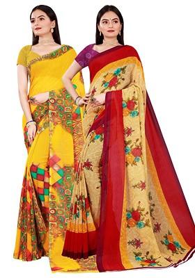Beige Printed Georgette Saree Set (Set Of 2)