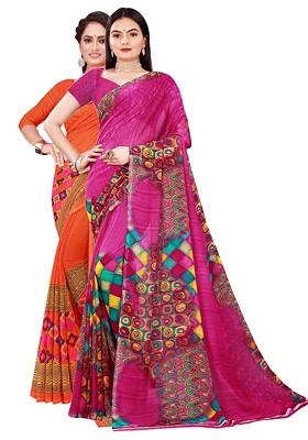 Orange Embroidered Georgette Saree Set (Set Of 2)