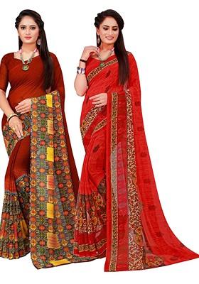 Brown Embroidered Poly Blend Saree Set