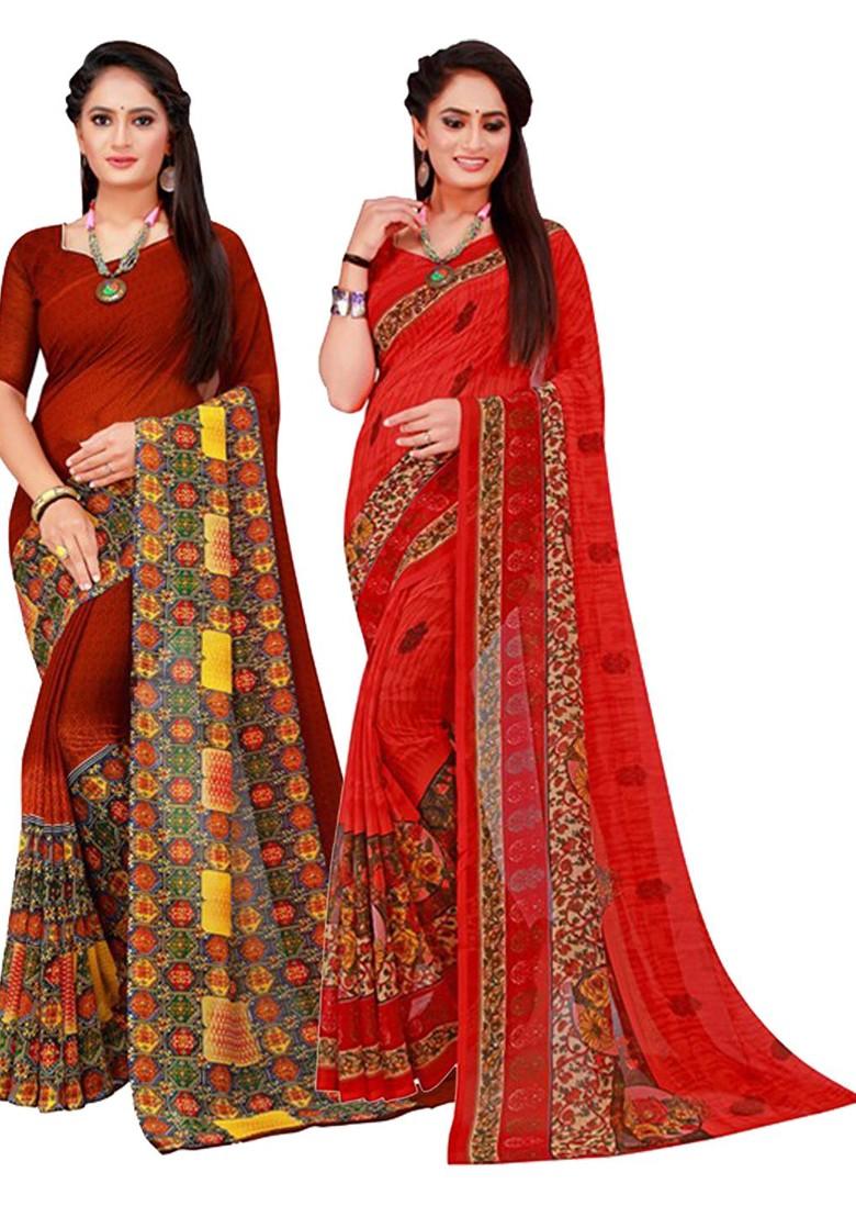 Brown Embroidered Poly Blend Saree Set