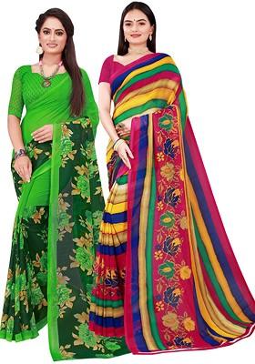 Green Embroidered Georgette Saree Set (Set Of 2)
