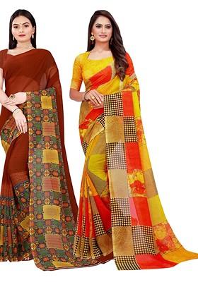 Brown Embroidered Georgette Saree Set (Set Of 2)