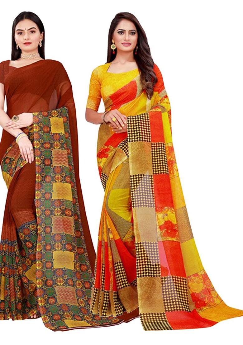 Brown Embroidered Georgette Saree Set (Set Of 2)