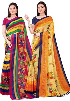 Beige Embroidered Georgette Saree Set (Set Of 2)