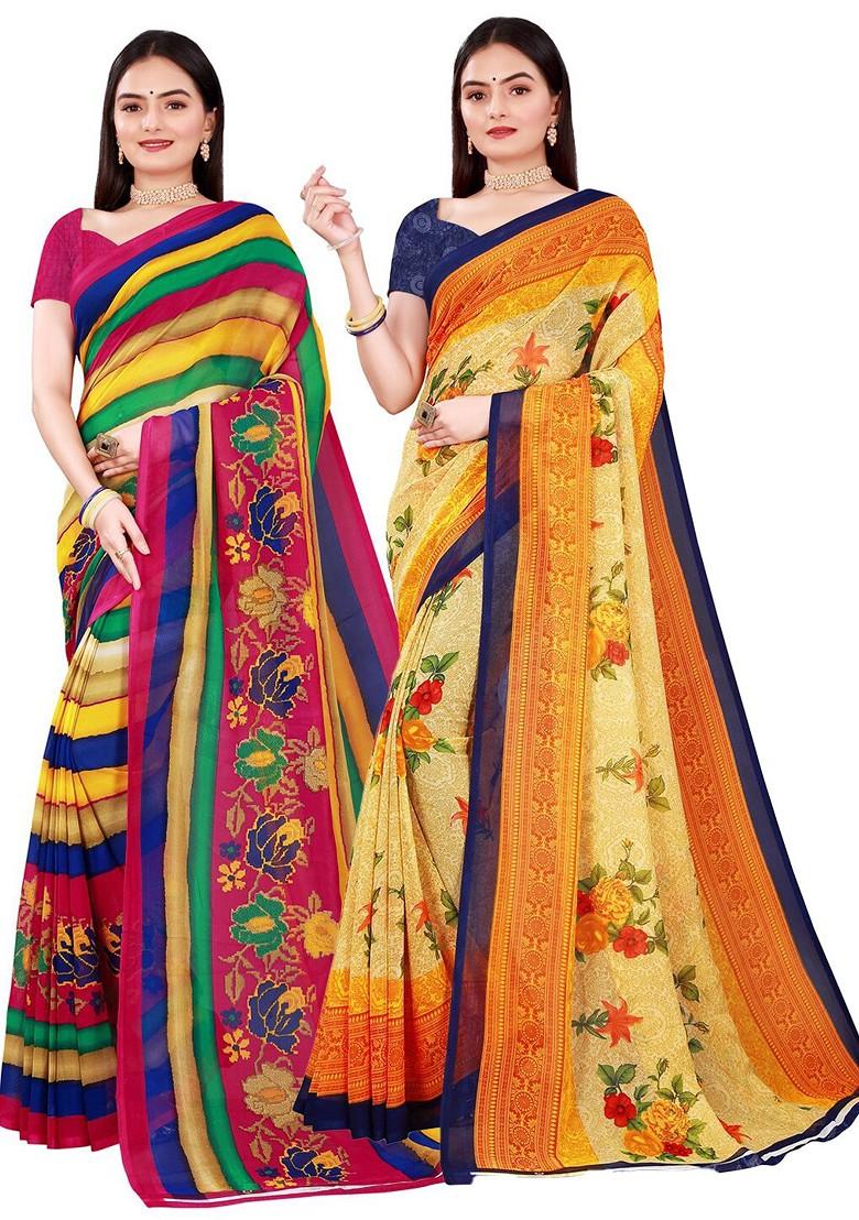 Beige Embroidered Georgette Saree Set (Set Of 2)