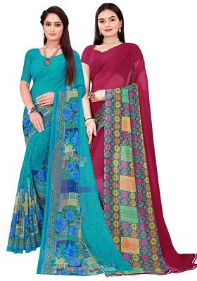 Maroon Floral Georgette Saree Set (Set Of 2)