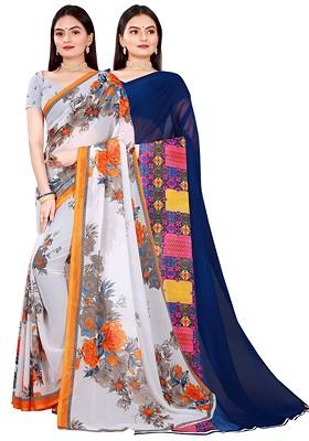 Navy Blue Embroidered Georgette Saree Set (Set Of 2)