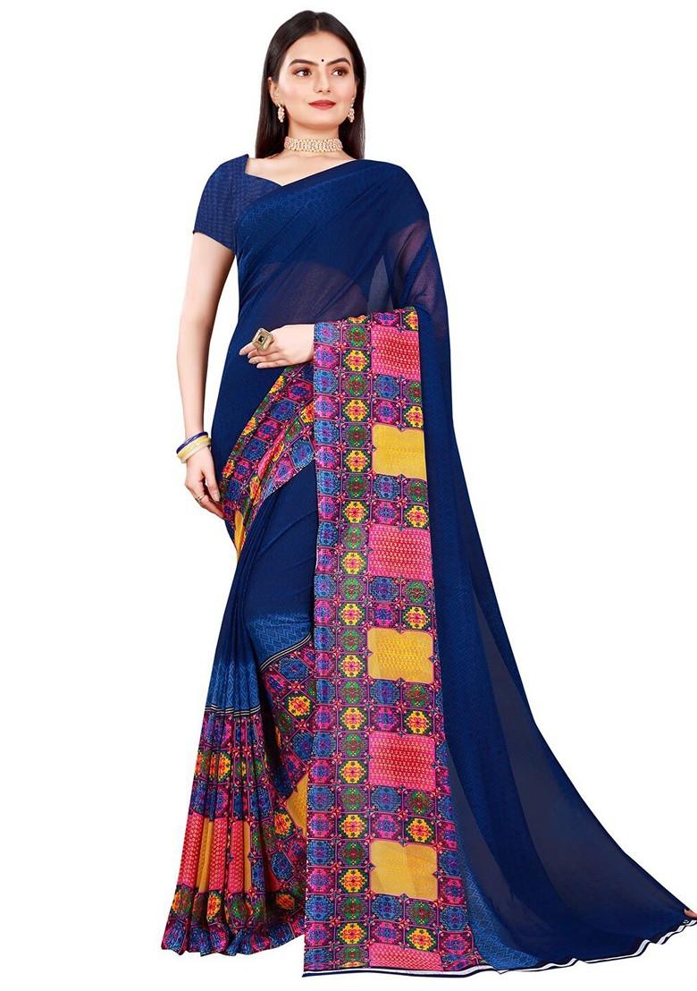 Navy Blue Embroidered Georgette Saree Set (Set Of 2)