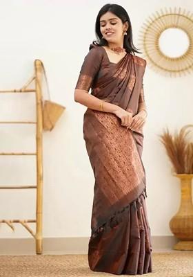 Brown woven Kanjeevaram Saree Set
