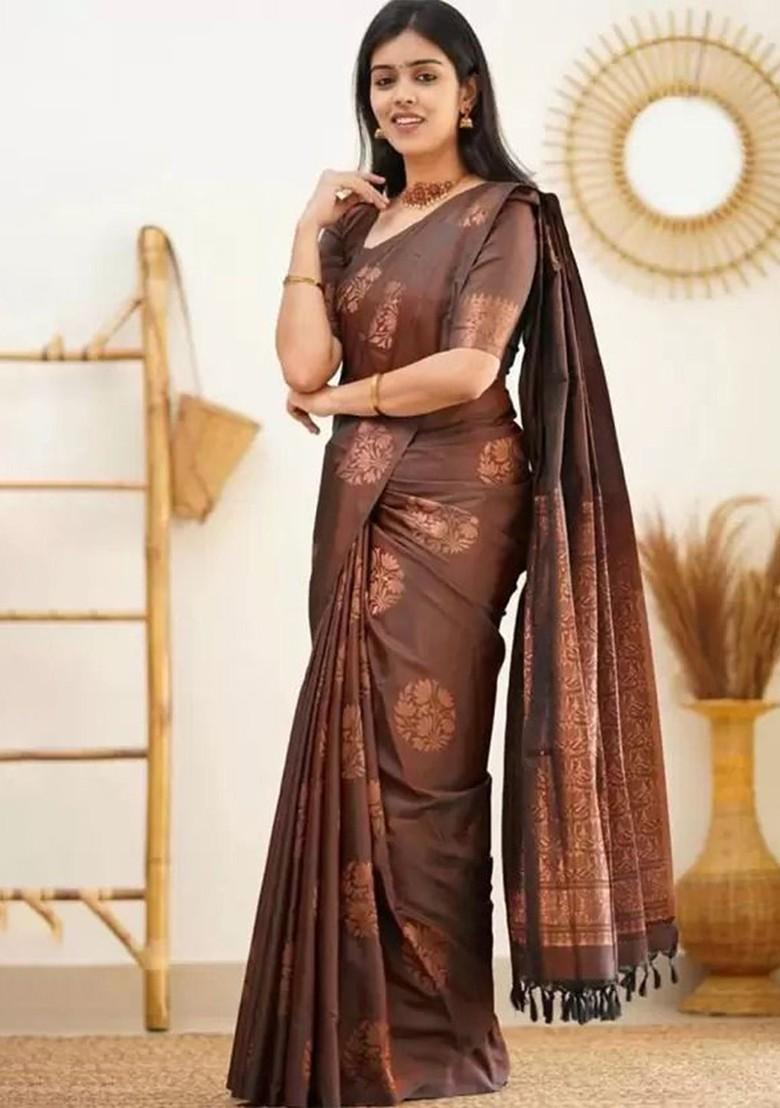 Brown woven Kanjeevaram Saree Set