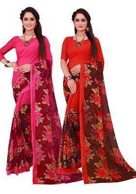 Magenta Printed Georgette Saree Set (Set Of 2)