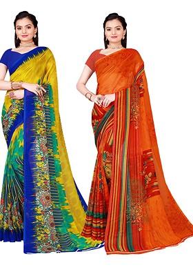 Olive Green Embroidered Georgette Saree Set (Set Of 2)