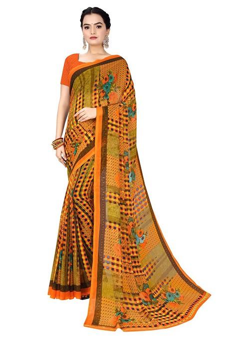 Orange Floral Georgette Saree Set