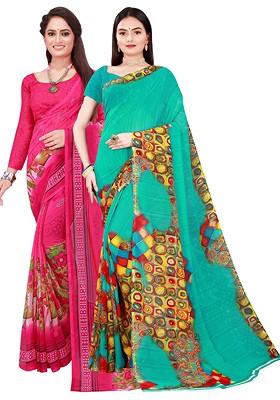 Pink Embroidered Georgette Saree Set (Set Of 2)