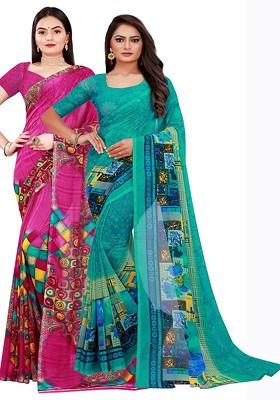Green Embroidered Georgette Saree Set (Set Of 2)
