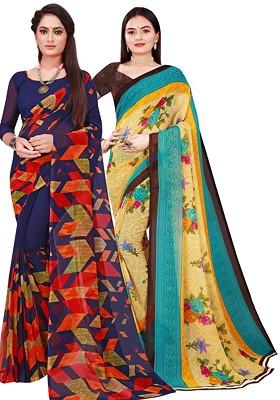 Navy Blue Embroidered Georgette Saree Set (Set Of 2)