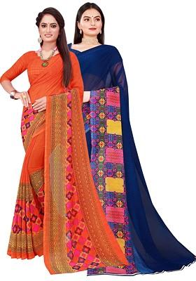 Orange Embroidered Georgette Saree Set (Set Of 2)