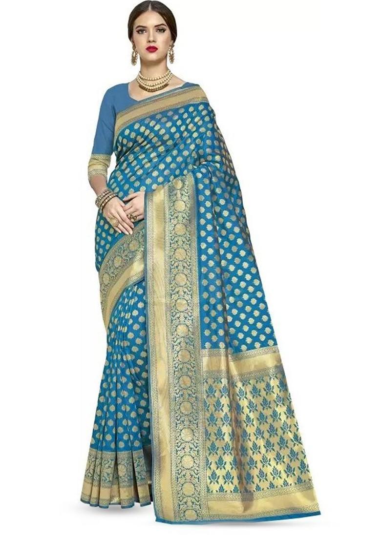 Teal Green woven Silk Saree Set