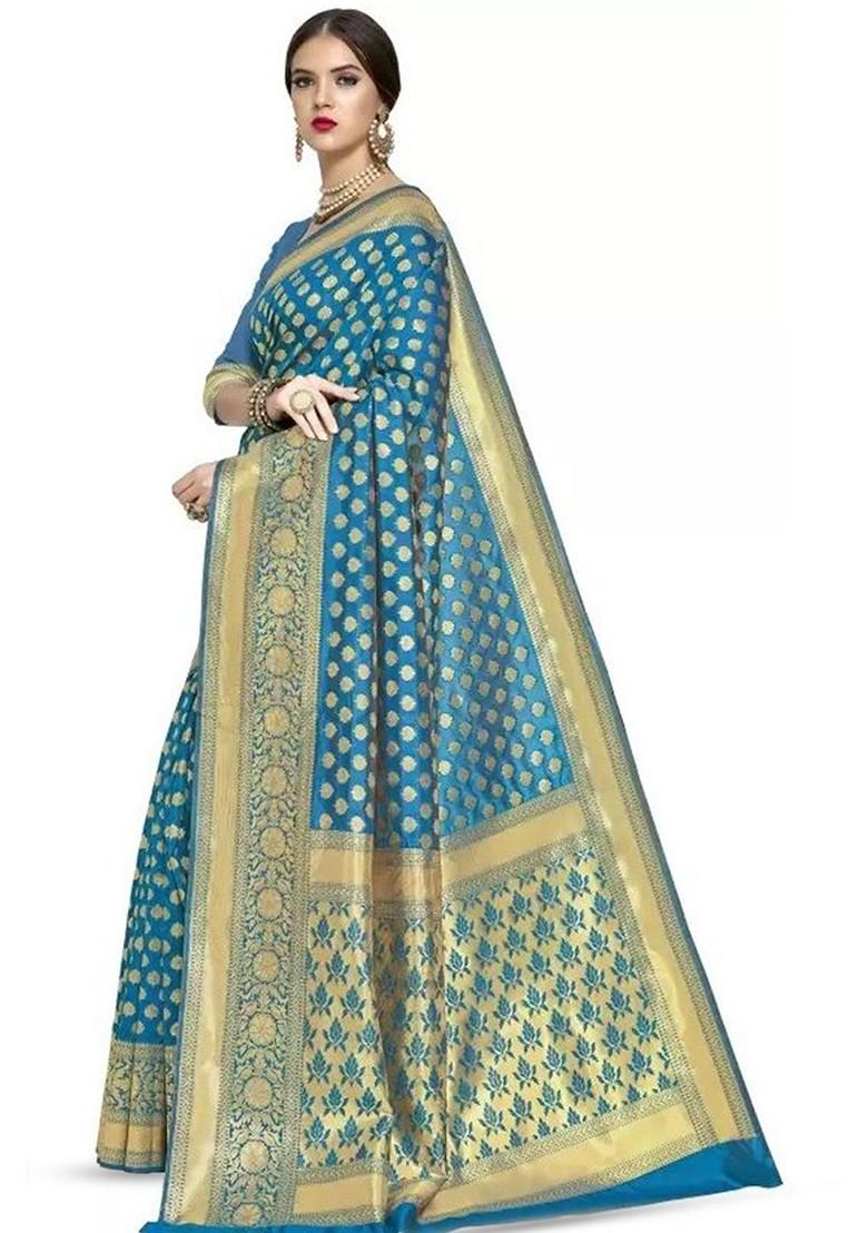 Teal Green woven Silk Saree Set