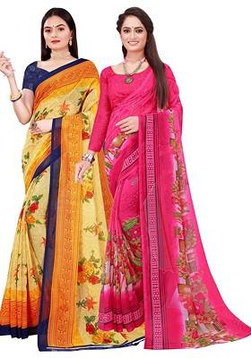 Beige Printed Georgette Saree Set (Set Of 2)