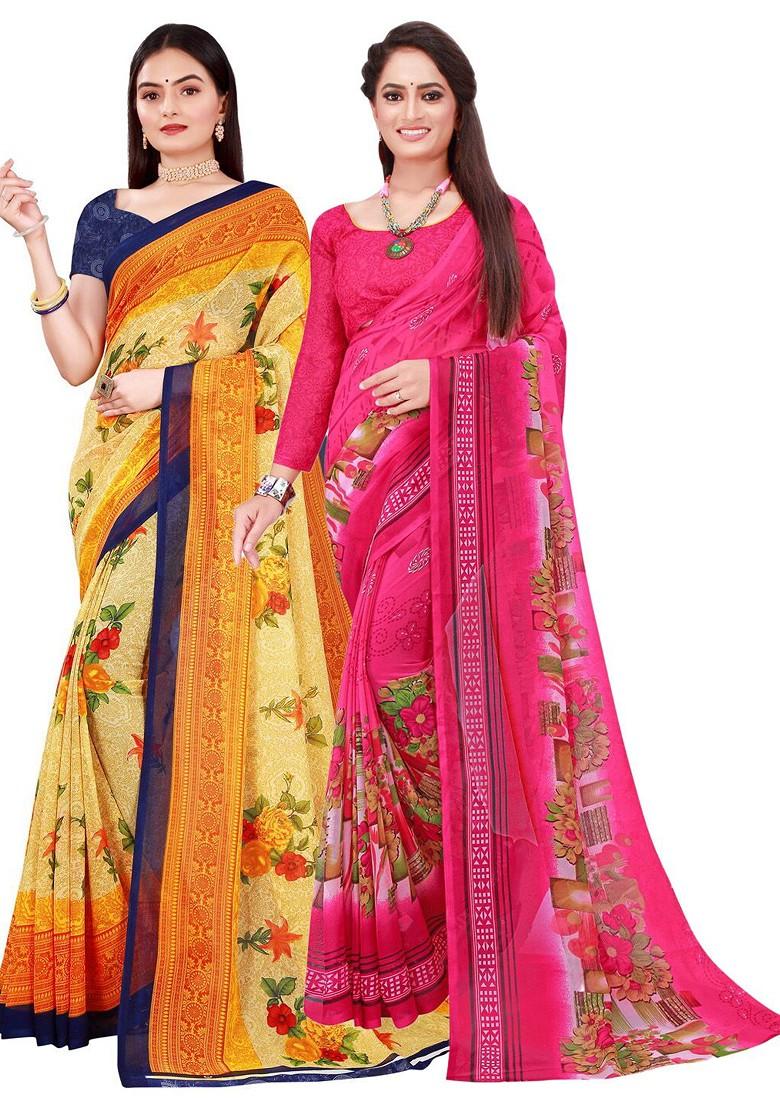 Beige Printed Georgette Saree Set (Set Of 2)
