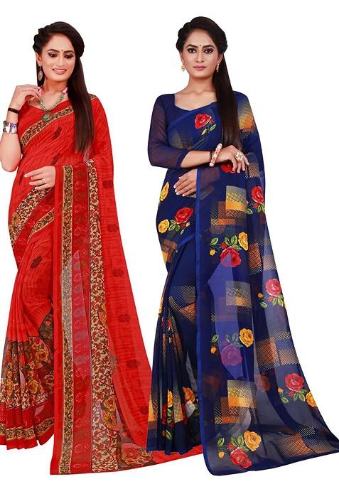 Navy Blue Embroidered Georgette Saree Set