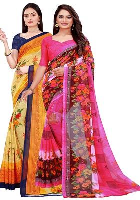 Pink Printed Georgette Saree Set (Set Of 2)