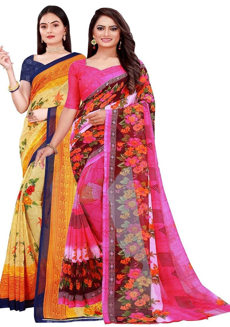Pink Printed Georgette Saree Set (Set Of 2)