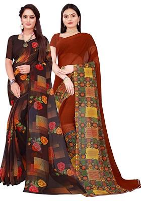 Black Printed Georgette Saree Set (Set Of 2)